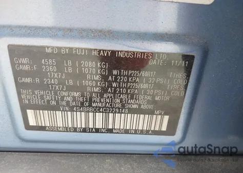 2012 Subaru Outback 2.5I Premium z USA, uszkodzony, nr VIN 4S4BRBCC4C3229148